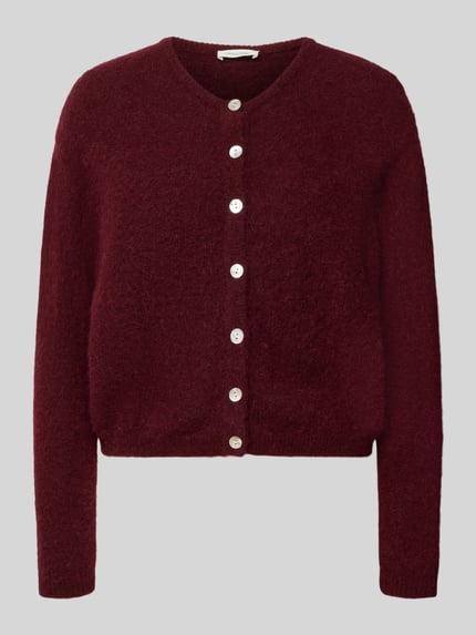 Produktfoto, Relaxed Fit Cardigan aus Woll-Alpaka-Mix Modell 'VITOW' von American Vintage, mieszanka wełny i alpaki, krój relaxed fit, imitacja dzianiny, listwa guzikowa, okrągły dekolt, długość tyłu w rozmiarze S 52 cm, długość rękawa w rozmiarze S 56 cm, kolor bordowy