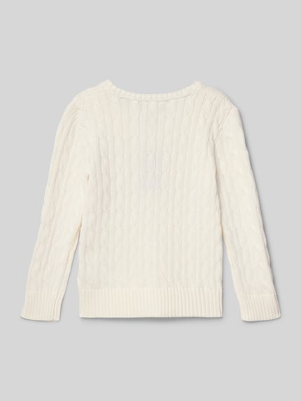 Produktfoto, cremeweißer Strickpullover mit Zopfmuster und Label-Stitching von Polo Ralph Lauren Kids, reine Baumwolle, Regular Fit