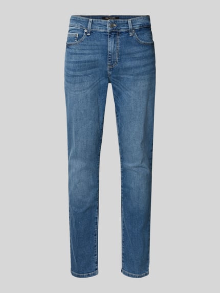 Produktfoto, niebieskie spodnie Slim Fit Jeans aus Baumwoll-Mix Modell 'LOOM' od Only & Sons, denim, krój slim fit, 5 kieszeni, bawełniany miks, łatka z logo, szlufki na pasek, zapięcie na guzik i ukryty zamek, kontekst: męskie jeansy