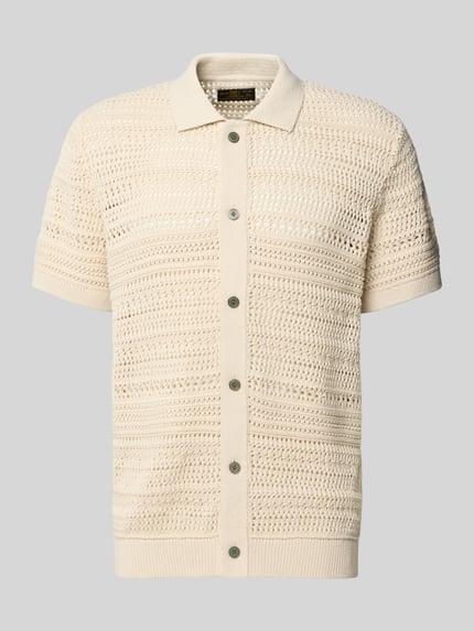 Produktfoto, Modern Fit vrijetijdsoverhemd in tricotlook met knoopsluiting van Jack & Jones Premium, model 'BLUHAMILTON', puur katoen, kentkraag, ruglengte maat M 72 cm, mouwlengte maat M 23 cm, beige kleur, fijne open breistructuur, zachte textuur