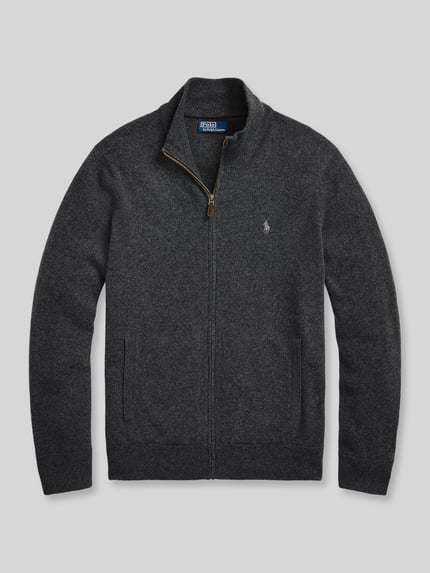Produktfoto, dunkelgraue Regular Fit Strickjacke aus reiner Wolle von Polo Ralph Lauren, feine Strickstruktur, sichtbare Reißverschlussdetails.