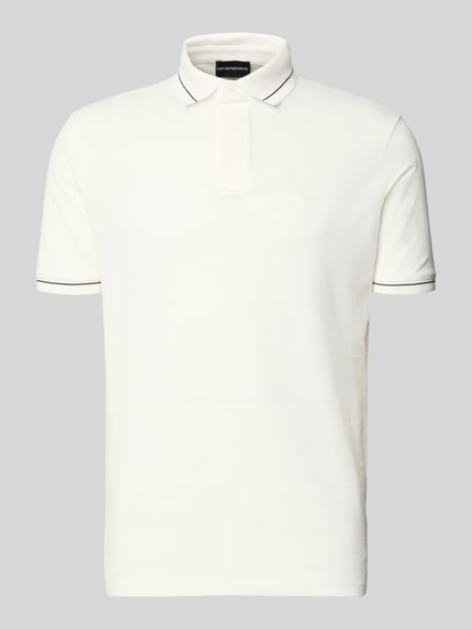 Produktfoto, Slim Fit Poloshirt mit Label-Stitching von Emporio Armani aus Reine Baumwolle in Weiß mit verdeckter Knopfleiste, Rückenlänge 68 cm bei Größe M