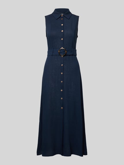 Produktfoto, Maxikleid aus Viskose-Mix mit Gürtel von Apricot, mieszanka wiskozy z lnem, taliowany krój, kołnierzyk koszulowy, listwa guzikowa, pasek, długość tyłu w rozmiarze S: 120 cm, szerokość w rozmiarze S: 31 cm, ciemnogranatowy kolor, gładka tekstura