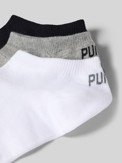 Productfoto, Sneakersokken met logo in 3-pack van PUMA, dames, katoenmix met stretch, aansluitende pasvorm, zwart, grijs en wit.