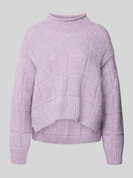 Produktfoto, Pullover aus Wolle mit Strukturstrick von MARC CAIN in Flieder, Boxy Fit, Mock Neck, gerippte Abschlüsse, Strukturstrick-Optik