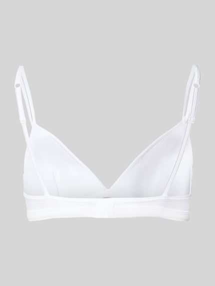 Produktfoto, weißer BH in Triangel-Form mit Hakenverschluss von SKINY aus Baumwoll-Elasthan-Mix, verstellbare Träger, körpernahe Passform.