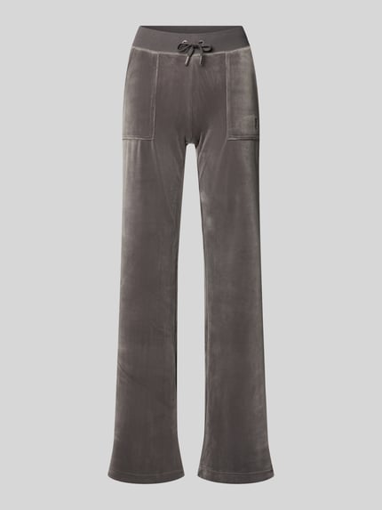 Produktfoto, Low Rise Sweatpants mit elastischem Bund Modell 'LAYLA' von Juicy Couture aus grauem Baumwoll-Mix mit Stretch-Anteil, Flared Cut, Eingrifftaschen, Innenbeinlänge bei Größe S 39 cm.