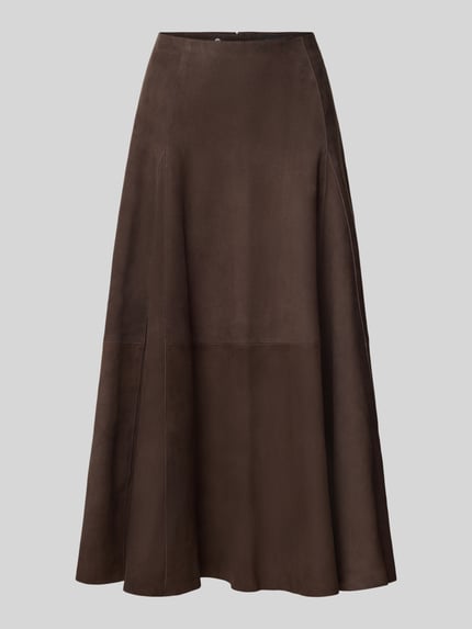 Produktfoto, dunkelbrauner Midirock aus echtem Leder Modell 'Kilar' von Cph Muse, A-Linie, glatte Struktur, sichtbarer Reißverschluss, Bundweite 38 cm, Länge 84 cm