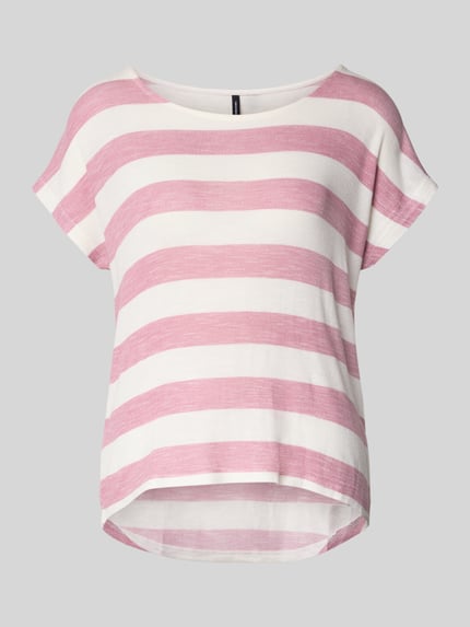 Produktfoto, Boxy Fit T-Shirt aus Viskose-Mix Modell 'WIDE STRIPE' von Vero Moda in Rosa-Weiß mit Optik:Allover-Muster, Streifenmuster, Feinstrick