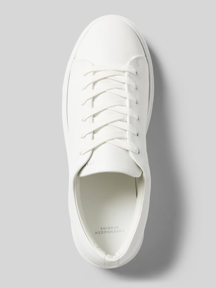 Productfoto, Sneaker uit echt leer met logo-detail van Copenhagen, afgeronde fit, veterlsuiting, witte kleur, maat 44 hakhoogte 5 cm, schachthoogte 8 cm, schachtwijdte 8 cm, glad oppervlak