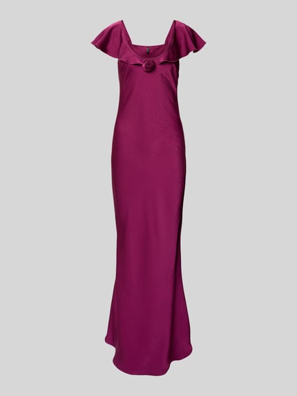 Produktfoto, Fließendes Abendkleid aus Satin Modell 'RITA' von Vero Moda in Optik: Unifarben, Passform: fließend, Maxi-Länge, U-Ausschnitt, Applikation: Satin-Rose, Trägerform: schmale Träger mit Frill, Materialverarbeitung: Satin.