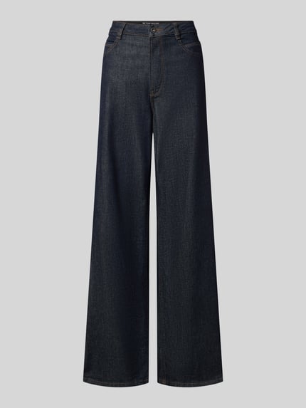 Produktfoto, donkerblauwe wide leg jeans met zichtbare stiksels en gladde textuur, Wide Leg Jeans aus Baumwoll-Mix Modell 'MADINA' van Tom Tailor, dames wide & loose fit jeans