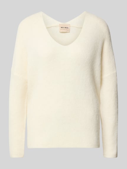 Produktfoto, gebreide pullover van wolmix met alpaca, v-hals, regular fit, model 'THORA' van MOS MOSH, dames, crème kleur, zachte textuur