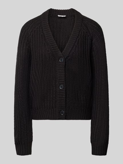 Produktfoto, Relaxed Fit Cardigan in Strick-Optik Modell 'CHARLIE' von NOISY MAY®, schwarze grobe Maschenstruktur, V-Ausschnitt, Knopfleiste