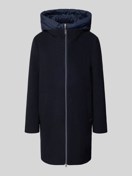 Produktfoto, dunkelblauer Mantel aus Schurwoll-Mix mit Kaschmir-Anteil Modell 'MIRALO' von CINQUE, glatte Struktur, Kapuze, Zweiwege-Reißverschluss, Regular Fit, Damen Mantel
