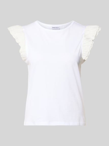 Produktfoto, Damen T-Shirt von Pieces Modell 'PANDRIA' in Optik: Unifarben mit Label-Patch, Regular-Fit, Rundhals, Jersey aus reiner Baumwolle