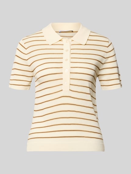 Produktfoto, Strickshirt mit Polokragen und kurzer Knopfleiste Modell 'TENCYP' von Mango, Damen, Modern Fit, Gerippte-Abschlüsse, cremefarben mit braunen Streifen, Rückenlänge 53 cm in Größe S, Ärmellänge 21 cm, glatte Textur