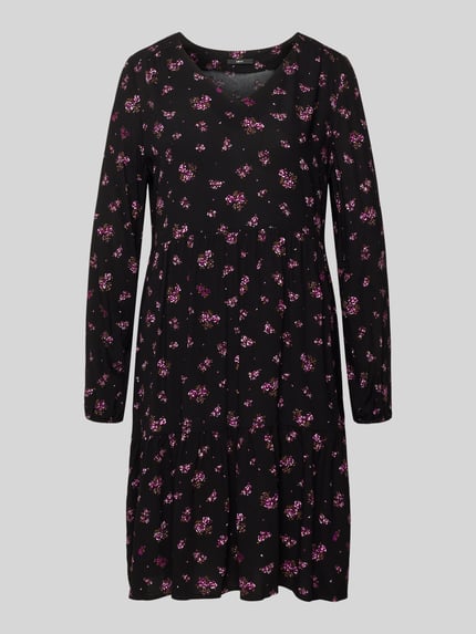 Produktfoto, Minikleid aus Viskose mit V-Ausschnitt von Zero, zwart met roze bloemen, getailleerd model, elastische mouwboorden, ruglengte maat 36 80 cm, borstwijdte 39 cm, mouwlengte 60 cm