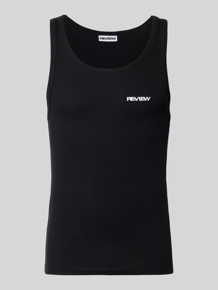 Produktfoto, schwarzes Tanktop in Ripp-Optik mit Logo von REVIEW, reine Baumwolle, Slim Fit, Rundhalsausschnitt, glatte Struktur