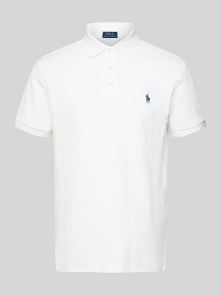 Produktfoto, Slim Fit Poloshirt aus reiner Baumwolle von Polo Ralph Lauren, weiß, unifarben, Piqué-Struktur, Logo auf Brust, Polokragen, kurzarm
