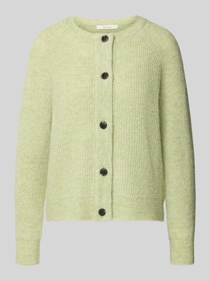 Produktfoto, Regular Fit Strickjacke aus Woll-Mix mit Alpaka-Anteil Modell 'LULU' von Selected Femme w kolorze jasnej zieleni, melanżowa optyka, długi rękaw, krój regular fit, okrągły dekolt, raglanowe rękawy, tekstura dzianiny, jednorzędowe guziki
