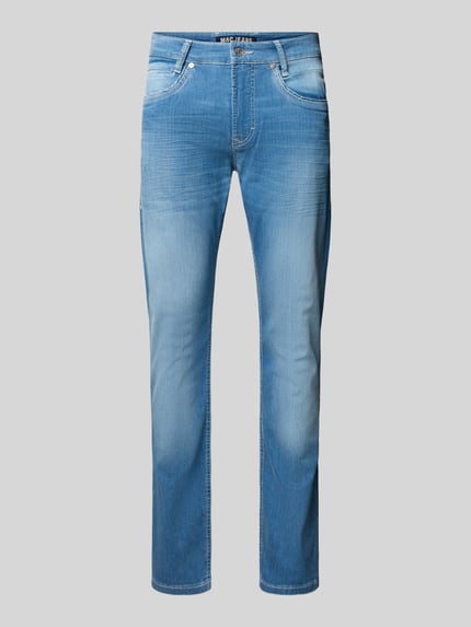 Produktfoto, Regular Fit Jeans aus Baumwoll-Mix von MAC, mieszanka bawełny i elastanu, krój regular fit, 5 kieszeni, niebieski, szwy w kontrastowym kolorze, naszywka z logo, szerokość w rozmiarze 32/32: 43 cm, długość wewnętrzna nogawki: 85 cm
