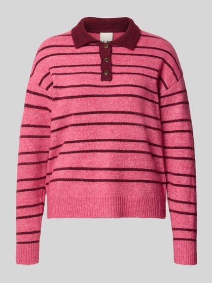 Produktfoto, Strickpullover mit Woll-Anteil Modell 'SAGE' von ICHI, pink mit schwarzen Streifen, Polokragen, Relaxed Fit, gerippte Abschlüsse, elastischer Material-Mix, Damen Strickpullover