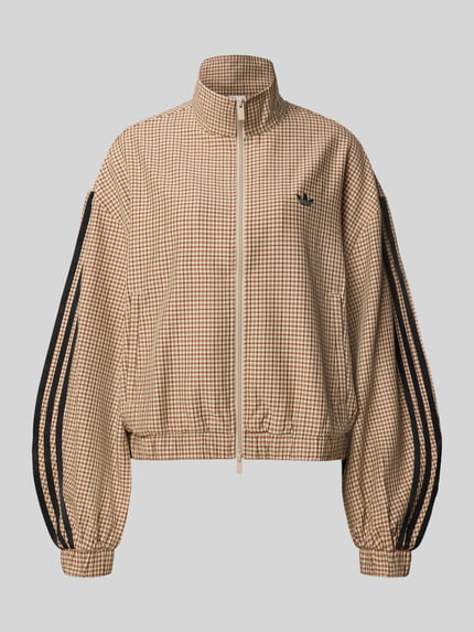 Produktfoto, slim fit sweatjack met gestikt logo model 'CHECKS' van adidas Originals, Dames sweatjack, beige en zwart geruit patroon, rits vooraan, elastische boorden