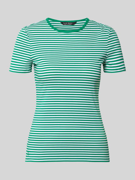 Produktfoto, T-Shirt mit Rundhalsausschnitt Modell 'ALLI' von Lauren Ralph Lauren, grün-weiß gestreift, Baumwoll-Elasthan-Mix, Regular Fit