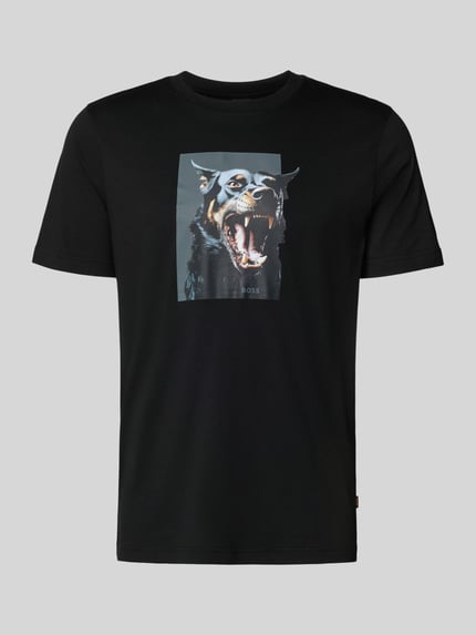 Produktfoto, schwarzes Slim Fit T-Shirt aus reiner Baumwolle Modell 'TE_DOBERMANN' von BOSS Orange, Optik: Unifarben, Animal-Print, Rundhals, Kurzarm, Jersey
