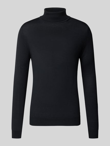 Produktfoto, Wollpullover mit Rollkragen von Christian Berg Men, dunkel, glatter Woll-Mix, gerippte Abschlüsse, gerader Schnitt