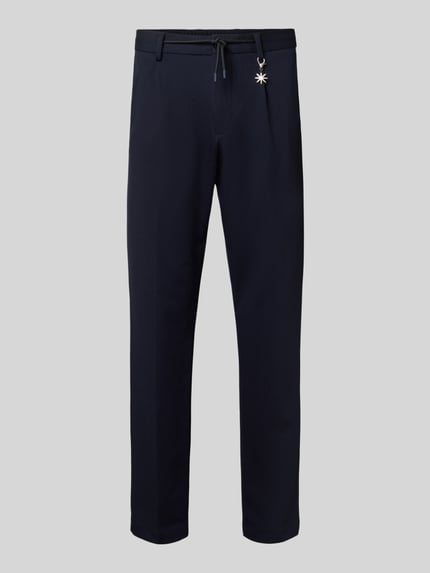 Produktfoto, Straight Fit broek met viscose van Manuel Ritz, donkerblauw, elastische materiaalmix, bandplooien, knoop- en ritssluiting, bandwijdte maat 50: 42 cm, binnenbeenlengte maat 50: 73 cm