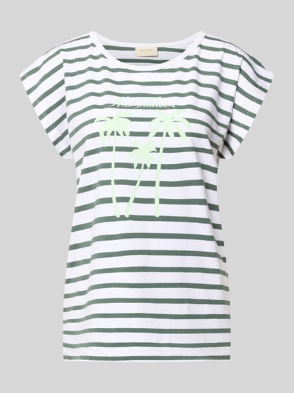 Produktfoto, T-Shirt mit Motiv-Print Modell 'Fenjal' von FREE/QUENT, paski zielono-białe, bawełna organiczna, krój regular fit, okrągły dekolt