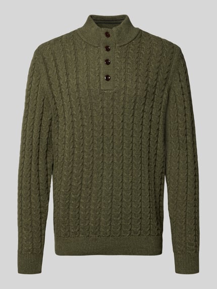 Produktfoto, Strickpullover mit gerippten Abschlüssen von Fynch-Hatton in Olivgrün, Baumwoll-Woll-Mix, Zopfmuster, Stehkragen, Regular Fit