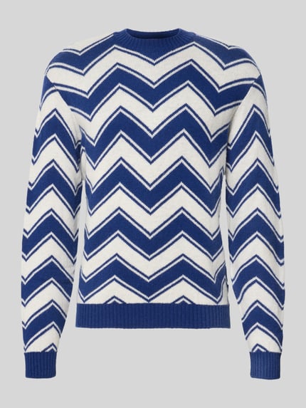 Produktfoto, Strickpullover aus Schurwolle-Mix mit Rundhalsausschnitt von Armani Exchange, Blau-Weiß mit Zickzackmuster, Regular Fit, gerippte Abschlüsse, Rückenlänge 65 cm, Ärmellänge 69 cm