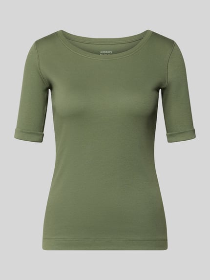 Productfoto, T-Shirt met ronde hals en 1/2-mouw van Marc Cain, slim fit, katoen-elastaan mix, kleur olijfgroen, effen textuur