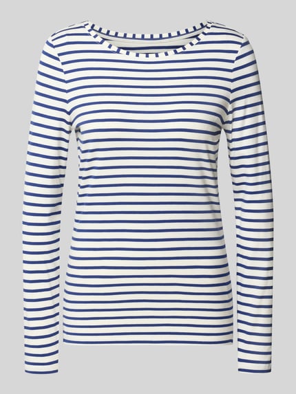 Produktfoto, Regular Fit Langarmshirt aus Baumwoll-Modal-Mix von Oui, gestreift in Weiß und Blau, Rundhals, elastisch, weiche Textur