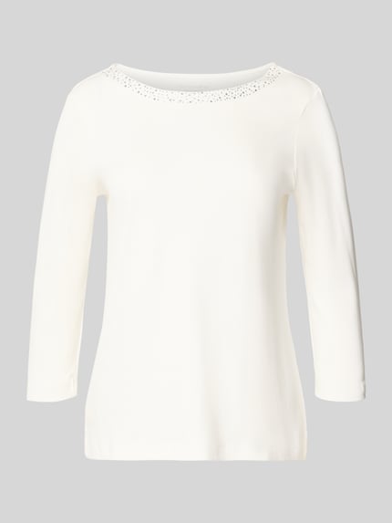 Produktfoto, Regular Fit Shirt aus reiner Baumwolle von Christian Berg Woman, weiß, Ziersteine, U-Boot-Ausschnitt, 3/4-Arm, glatte Textur