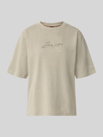 Produktfoto, Regular Fit T-Shirt aus reiner Baumwolle Modell 'C_Eregular_4' van BOSS Orange, lichtbeige met geborduurd logo, effen textuur.
