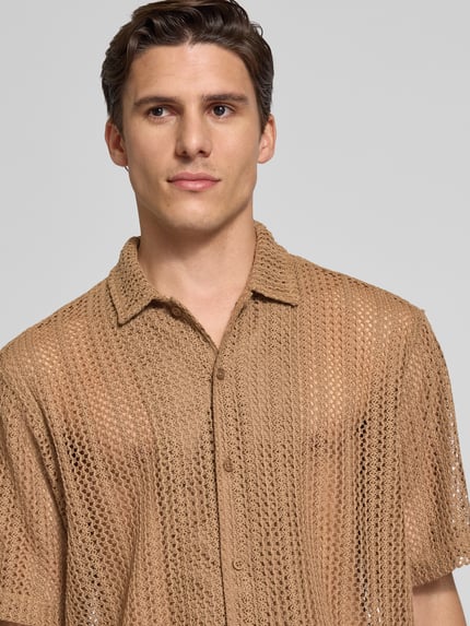 WOODBIRD Relaxed fit vrijetijdsoverhemd met pointellemotief Taupe - 3