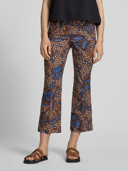 Frauenmodel trägt Schmale Hose aus Baumwoll-Mix Modell 'DONDE' von Weekend Max Mara mit Optik: Allover-Muster, Farbe Braun-Blau, Slim-Fit, Gürtelschlaufen, Knopf und verdeckter Reißverschluss, seitliche Eingrifftaschen, Gesäßtaschen, Material: Baumwoll-Mix, Ganzkörperansicht von vorne.