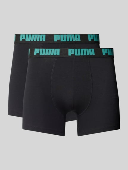 Produktfoto, schwarze Slim Fit Boxershorts aus Baumwoll-Mix im 2er-Pack Modell 'EVERDAY' von PUMA, kontrastierendes türkisfarbenes Logo-Bündchen, glatte Textur, Herren Boxershorts von PUMA