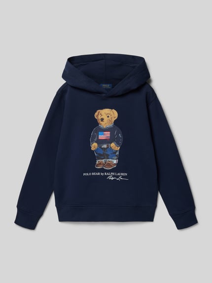 Produktfoto, Regular Fit Hoodie mit Polo-Bear-Print von Polo Ralph Lauren Teens in Dunkelblau, Optik: Unifarben, Baumwoll-Mix, Sweat, Label-Schriftzug, Kapuze, Langarm, Ärmelabschluss und Rumpfabschluss: gerippt