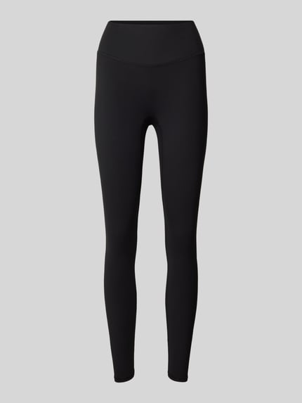 Produktfoto, schwarze Slim Fit Leggins mit Logo-Print Modell 'PURELUXE' von Fabletics, elastischer Bund, glatte Textur, Damen Leggins