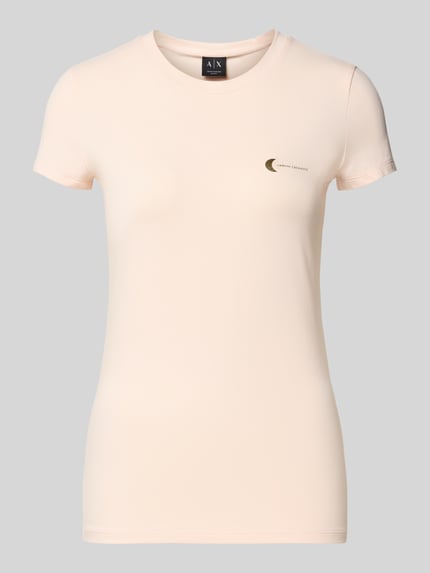 Productfoto, T-Shirt met Label-Print van ARMANI EXCHANGE, lichte kleur, slim fit, geribde ronde hals, katoen-elastaan mix, label-print