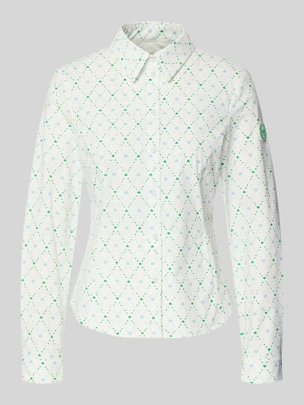 Produktfoto, Slim Fit Bluse im Allover-Look von Marc Cain in Weiß mit feinem grünem Punktmuster, Hemdblusenkragen und Knopfleiste, Material-Mix mit Stretch-Anteil, Damen Bluse.