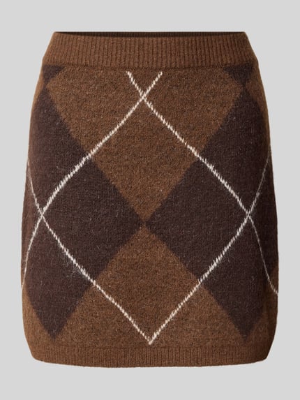 Produktfoto, Minirock mit Argyle-Muster von VERO MODA, braune Wollmix-Strickoptik, geometrische Musterstruktur, Damenmode