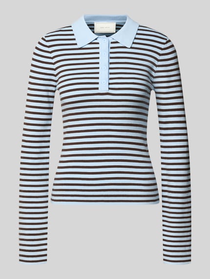 Produktfoto, Longsleeve aus Viskose-Mix Modell 'Fannya' von Neo Noir, Slim Fit, Polokragen, braun-blau gestreift, feine Struktur
