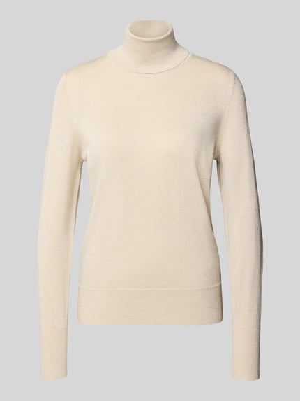 Produktfoto, Rollkragenpullover aus Viskose-Mix von Christian Berg Woman in Beige, Regular Fit, feine texturierte Oberfläche, Rückenlänge 58 cm, Ärmellänge 63 cm.