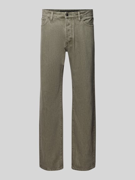 Produktfoto, Relaxed Straight Jeans im Five-Pocket-Style von ARMANI EXCHANGE, bawełna, krój relaxed straight fit, zapięcie na guzik i zamek, Szerokość w rozmiarze 32/32: 45 cm, długość wewnętrzna nogawki: 81 cm, odcień oliwkowy, proste nogawki, wyraźna tekstura materiału